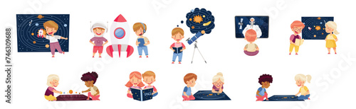 Boy and Girl Character Study Space and Galaxy Examine Solar System Vector Set