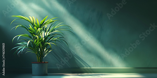   Minimal style interior with big dark wall empty room with plants pot on a floor with a  sun light shining on it photo