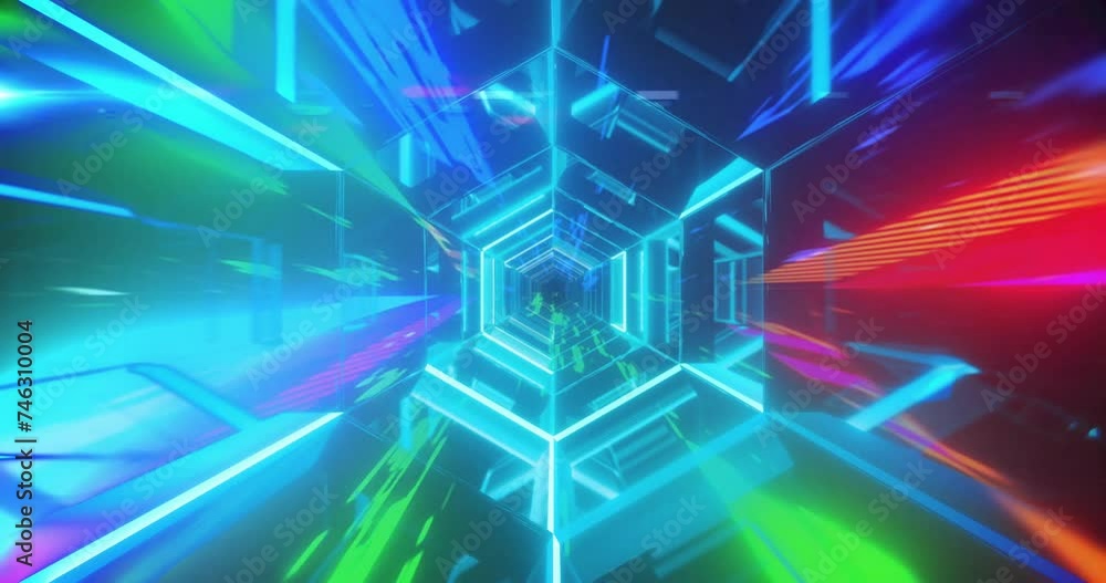 Animation of blue neon tunnel structure over brightly coloured moving lights Animation of blue neon tunnel structure over brightly coloured moving lights