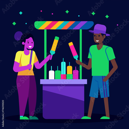 Street vendors selling glow sticks and trinkets. vektor illustation