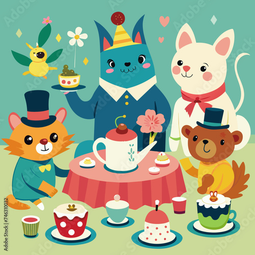 Whimsical characters attending a tea party. vektor illustation