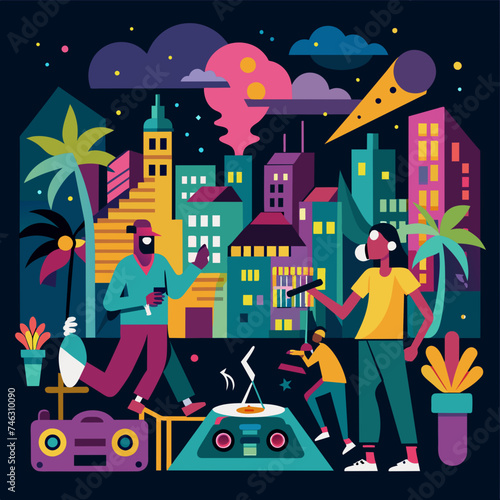 Graffiti murals depicting lively nightlife scenes. vektor illustation