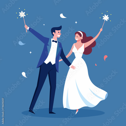 A bride and groom's happy exit with sparklers. vektor illustation