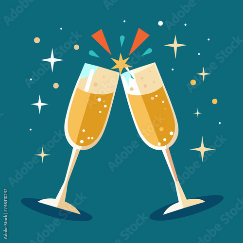 Sparkling champagne glasses clinking together. vektor illustation