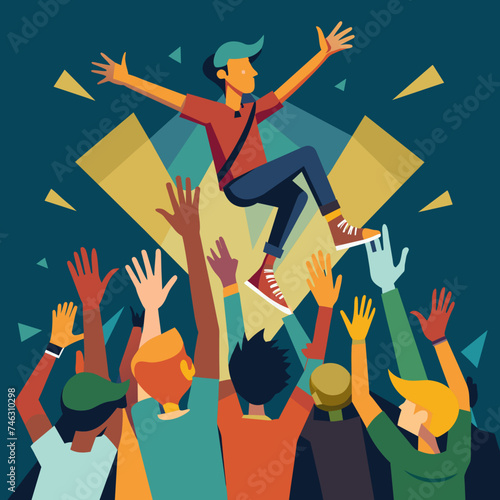 Energetic crowd surfing at a concert. vektor illustation