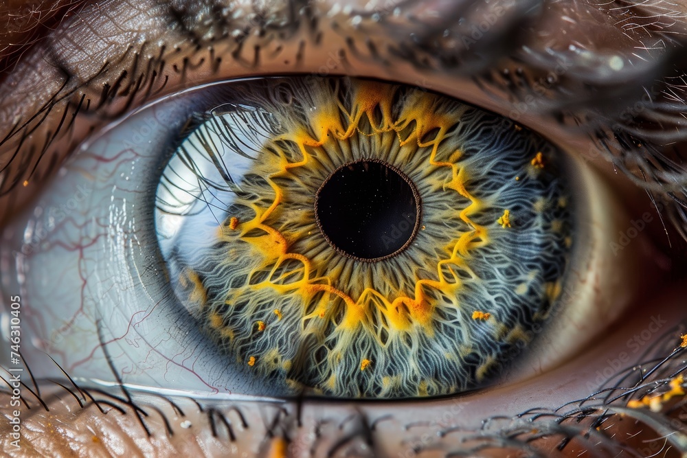 Macro photo of a human iris revealing intricate patterns and the unique coloration of the eye