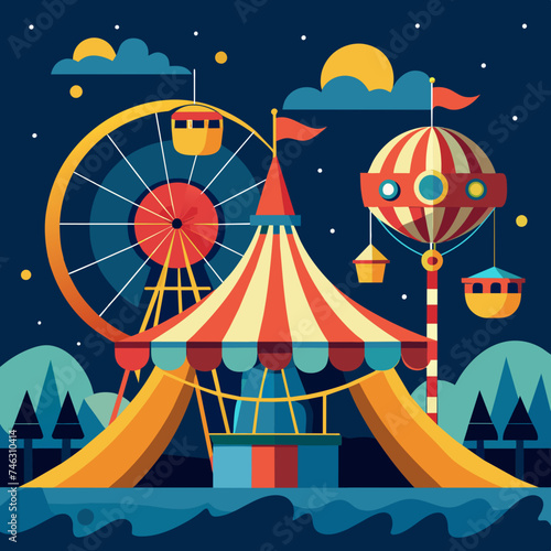 Carnival rides spinning under the night sky. vektor illustation