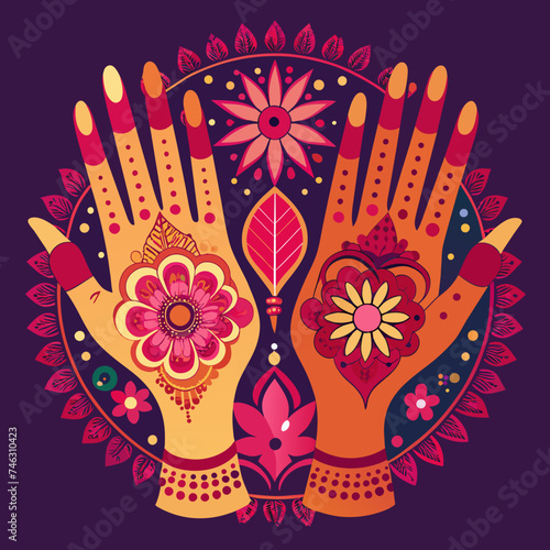 Intricate henna designs adorning hands at a celebration. vektor illustation