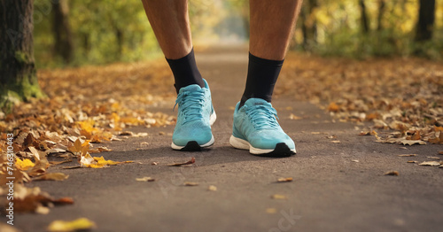 A man in blue sneakers on a morning jog