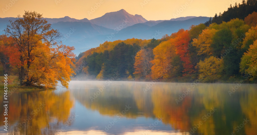 A stunning autumn landscape with vibrant foliage reflecting on a peaceful lake.