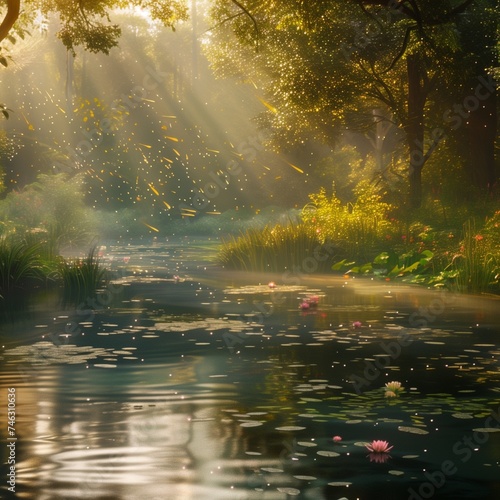 Deep within a lush, enchanted forest, a winding river meanders through the landscape, its surface adorned with delicate water lilies and colorful dragonflies