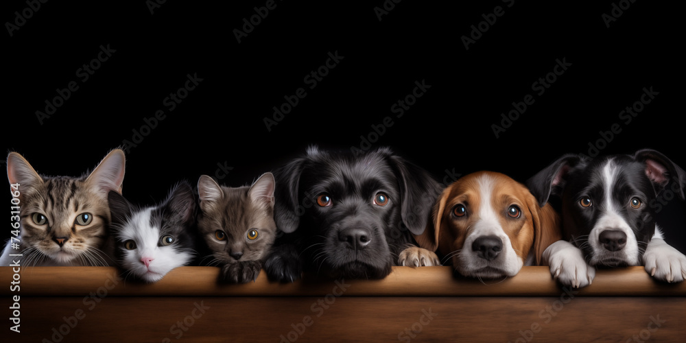 Dog and cat on white background. Shelter pets, animals. Veterinary, zooclinic, goods for animals.
