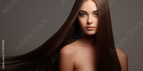 Long Healthy Straight Hair. Skin natural beauty,  smooth skin for Care and hair products. Model girl, woman. photo