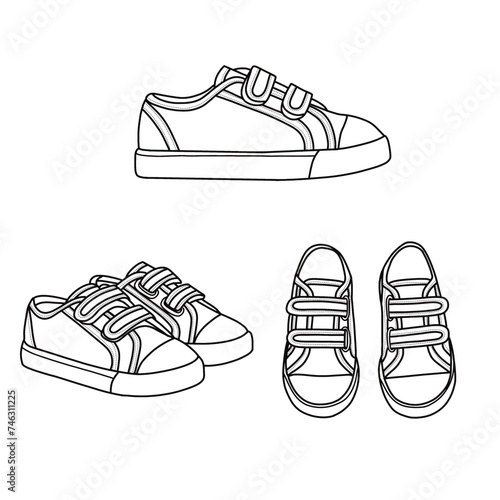 Sneakers for toddler outline drawing. Hand-drawn illustration sneakers with velcros and anti-slip.