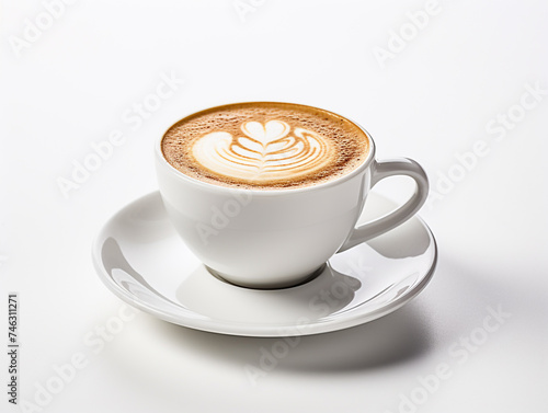 cappuccino with detailed rosetta latte art, served in a modern white cup and saucer, highlighted against a pristine white background.