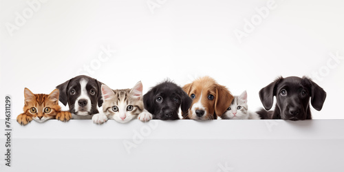 Dog and cat on white background. Shelter pets, animals. Veterinary, zooclinic, goods for animals.
