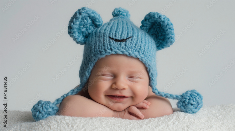 Portrait of cute newborn laughing happy baby in blue cartoon hat with ears as studio shoot on a white background Portrait of cute newborn laughing happy baby in blue cartoon hat with ears as studio shoot on a white background