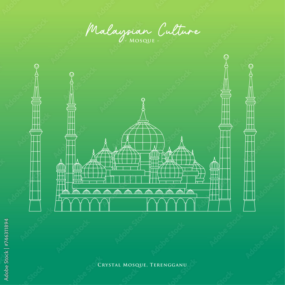 Line Vector of Crystal Mosque, Kuala Terengganu, Terengganu, Malaysia