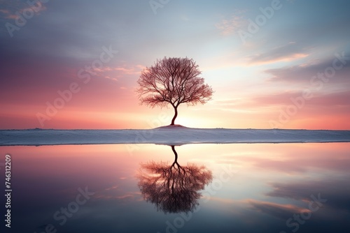Lone Tree Reflection on Water at Sunset.  © kmmind