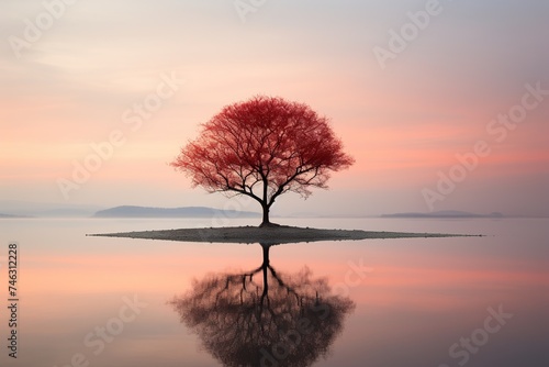 Isolated Vibrant Tree Reflecting on Calm Lake. 