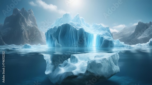 A view of the glacier above the water surface and a view under the water. © Lednev