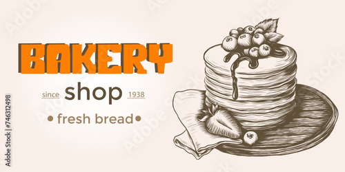 Vector vintage pancake on wooden plate with berries and sweet syrup. Hand drawn monochrome food illustration. Great for menu, poster or label, bakery house, breakfast menu. Linear graphic