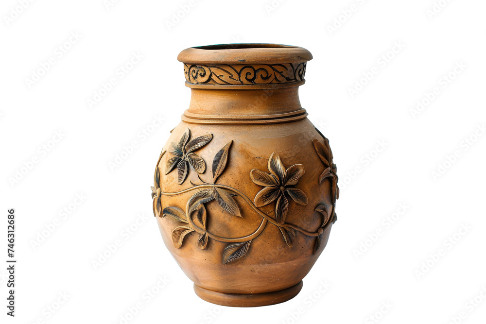 Brown Vase With Floral Design. A brown vase with a delicate floral design, showcasing intricate patterns of flowers and leaves. On PNG Transparent Clear Background.