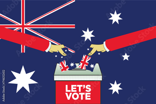 "Let's Vote" vector illustration design Ballot Box with two hands with Australian Flag. Australia Elections Concept on an Australian Flag. Ideal for use in campaign posters and banners. EPS Format. 
