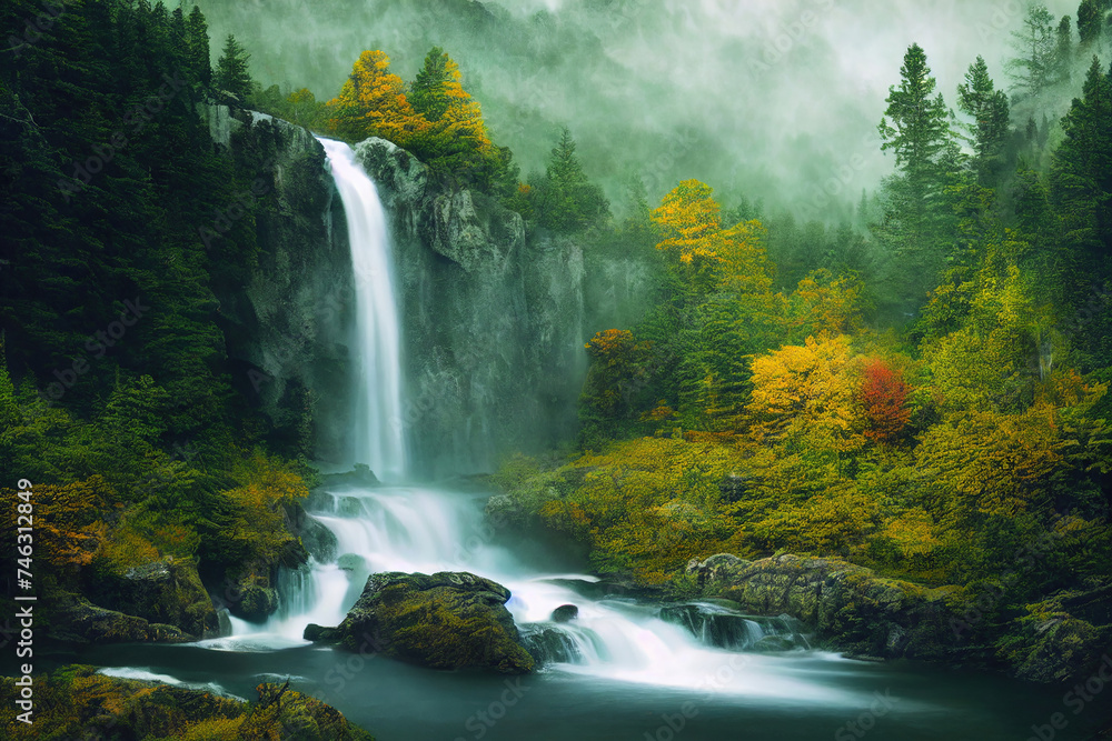 Fototapeta premium Autumn landscape of a tall waterfall in an alpine forest. Foggy day.