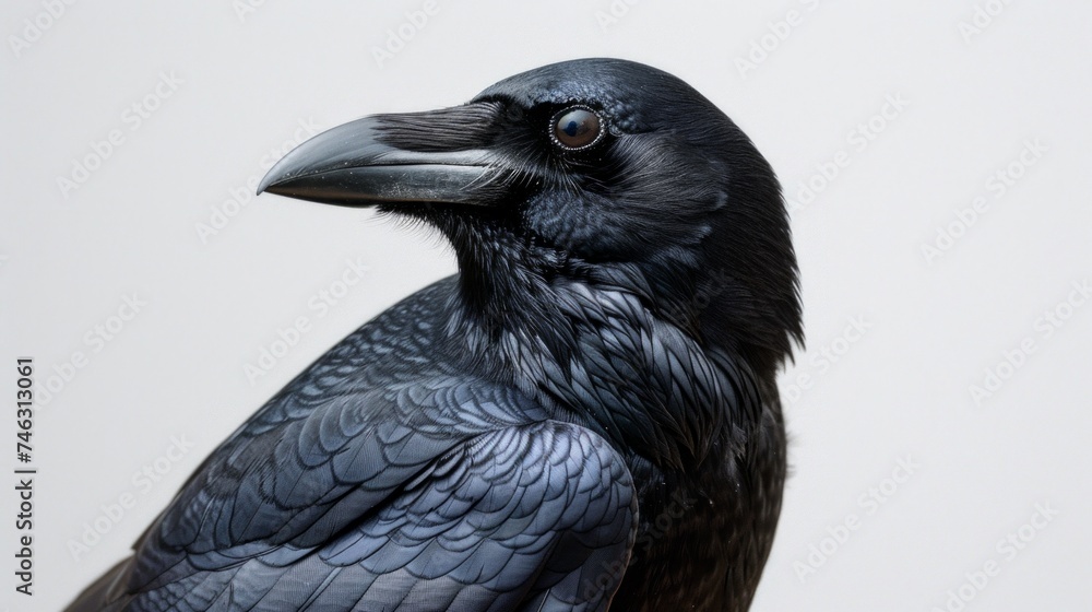 Side view of a Carrion Crow, Corvus corone, in stark isolation against a white background, its sleek black plumage and intelligent gaze captured in detailed profile, a testament to AI Generative Side view of a Carrion Crow, Corvus corone, in stark isolation against a white background, its sleek black plumage and intelligent gaze captured in detailed profile, a testament to AI Generative