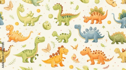 Seamless repeat pattern of cartoon dinosaurs, featuring a collection of cute and adorable dino doodles, perfect for children's fabric and wallpapers, AI Generative