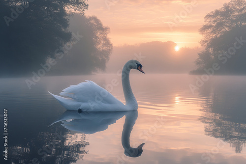 Serene lakeside at dawn  mist hovering over the water  a lone swan gliding  Mood of peace and tranquility  Morning light casting gentle hues  lakeside  dawn  AI Generative