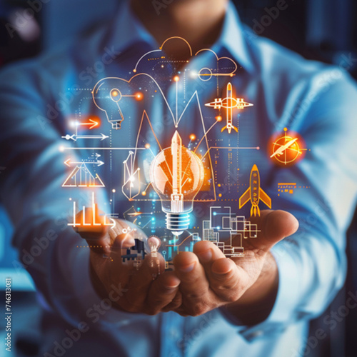 Businessman holding creative light bulb with growth graph and aerospace icons. Leveraging aerospace innovation technology pioneer new solutions and advancements that elevate successful ai technology