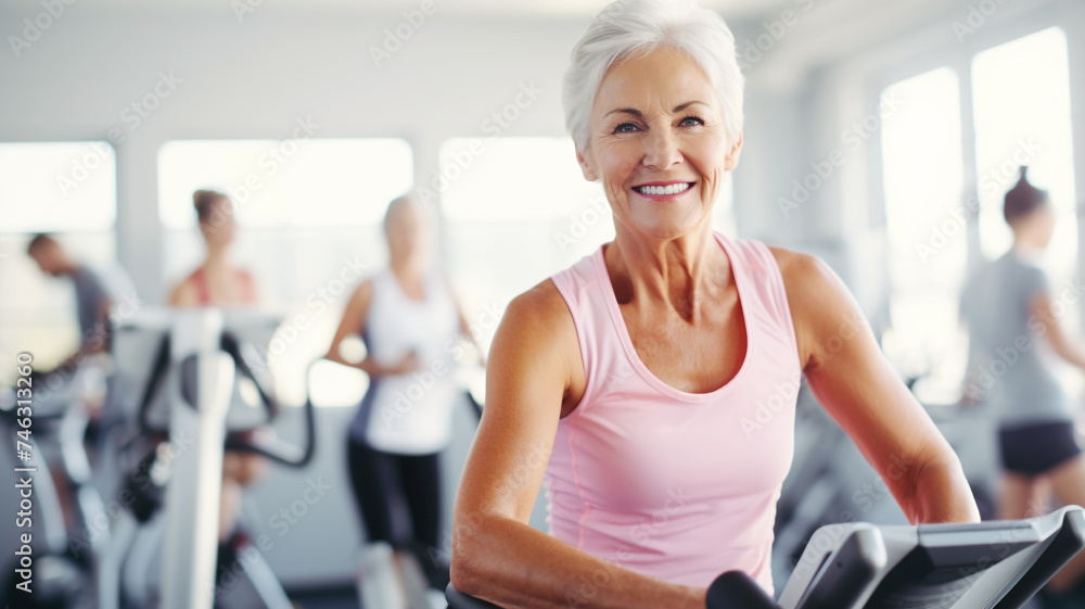 A fit senior woman doing a cycling workout at a gym A fit senior woman doing a cycling workout at a gym