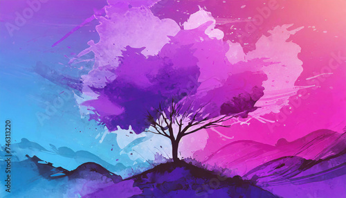 Arbre et paysage minimaliste en encre ou aquarelle avec mélange de peinture de couleur turquoise, fuchsia, bleu, rose et violet