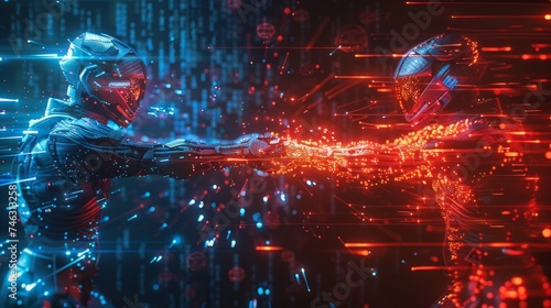 Visualization of blue and red hacker teams in a cyber security showdown, defending against network breaches, dark background, AI Generative photo