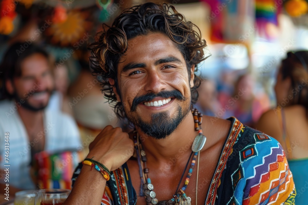 Smiling man with curly hair and ethnic necklace.