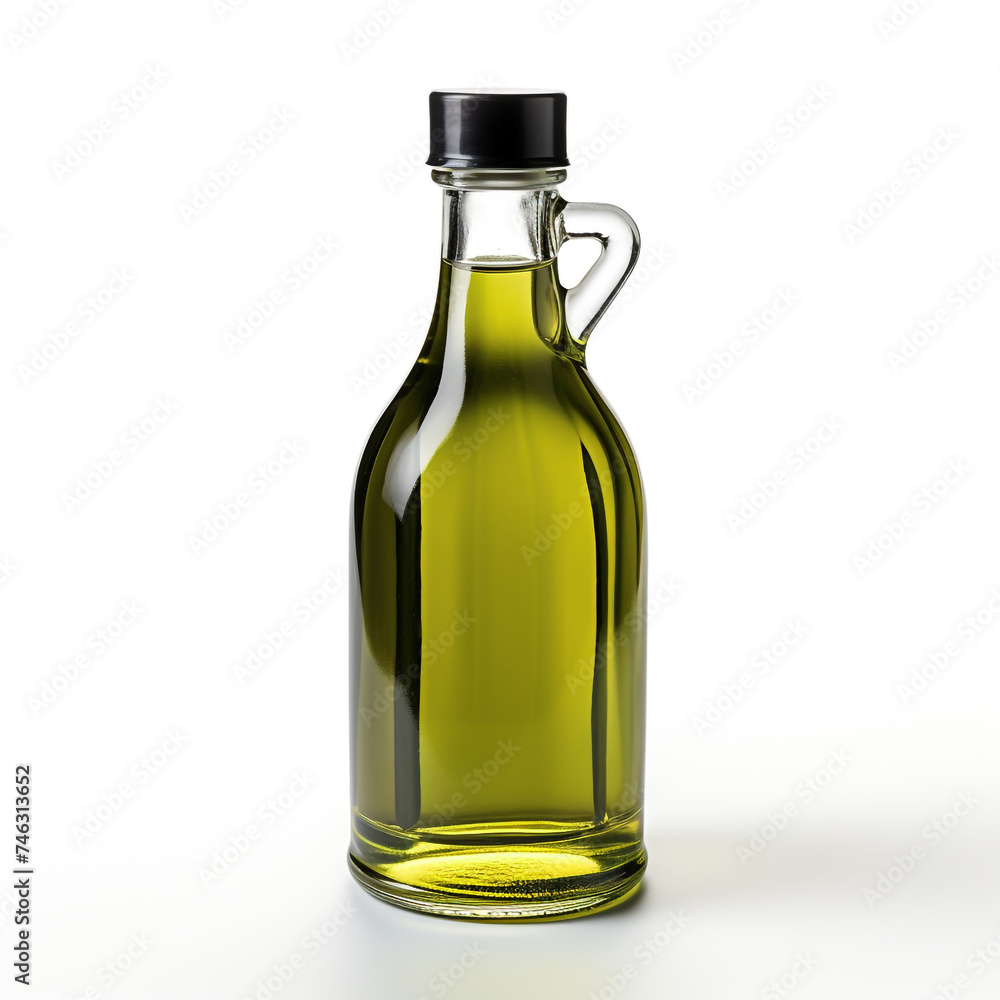 A classic glass carafe with olive oil, complete with a cork stopper and dual handles, set against a clean, white background. A classic glass carafe with olive oil, complete with a cork stopper and dual handles, set against a clean, white background.
