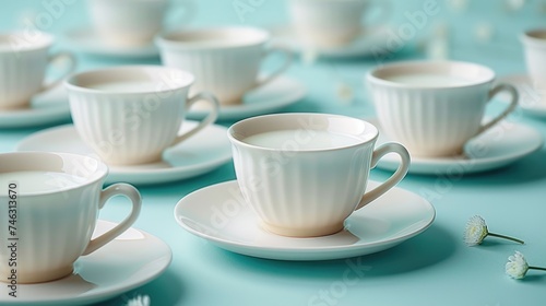 Set of white teacups on a pastel blue background.