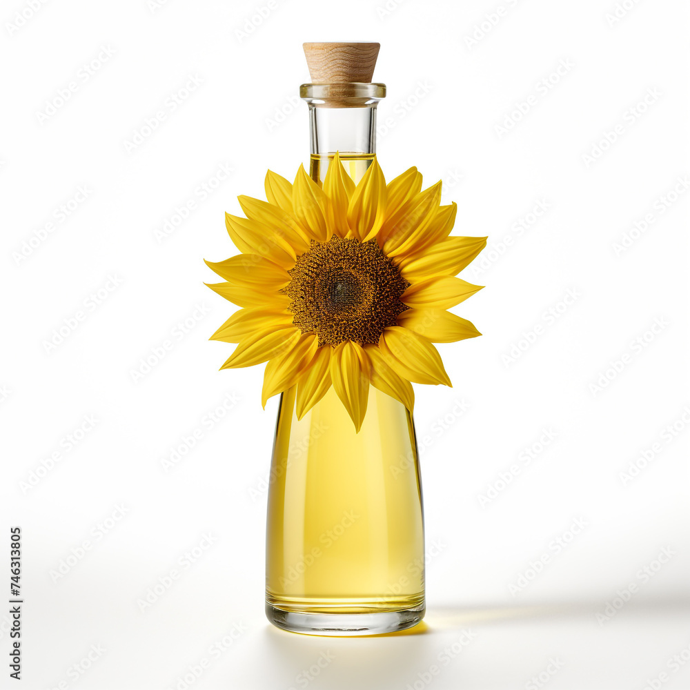 Sunflower Oil Bottle with Blossom, tall bottle of sunflower oil adorned with a sunflower blossom and leaves, symbolizing the oil's natural origins. Sunflower Oil Bottle with Blossom, tall bottle of sunflower oil adorned with a sunflower blossom and leaves, symbolizing the oil's natural origins.