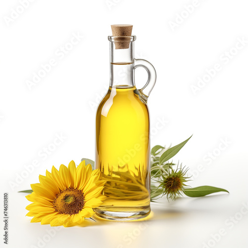 Sunflower Oil Bottle with Blossom, tall bottle of sunflower oil adorned with a sunflower blossom and leaves, symbolizing the oil's natural origins.