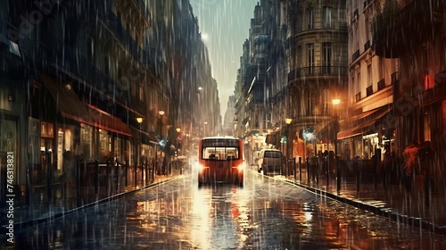 a painting of a city street at night in the rain