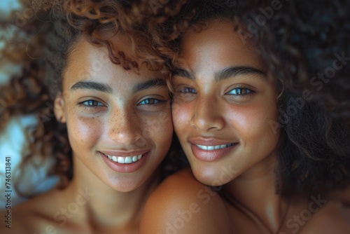 Portrait of two young women with curly hair, close-up.