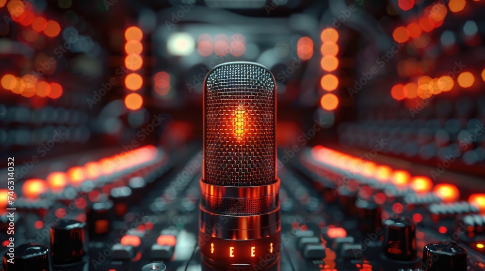 Red illuminated microphone with blurred audio mixer background. Red illuminated microphone with blurred audio mixer background.