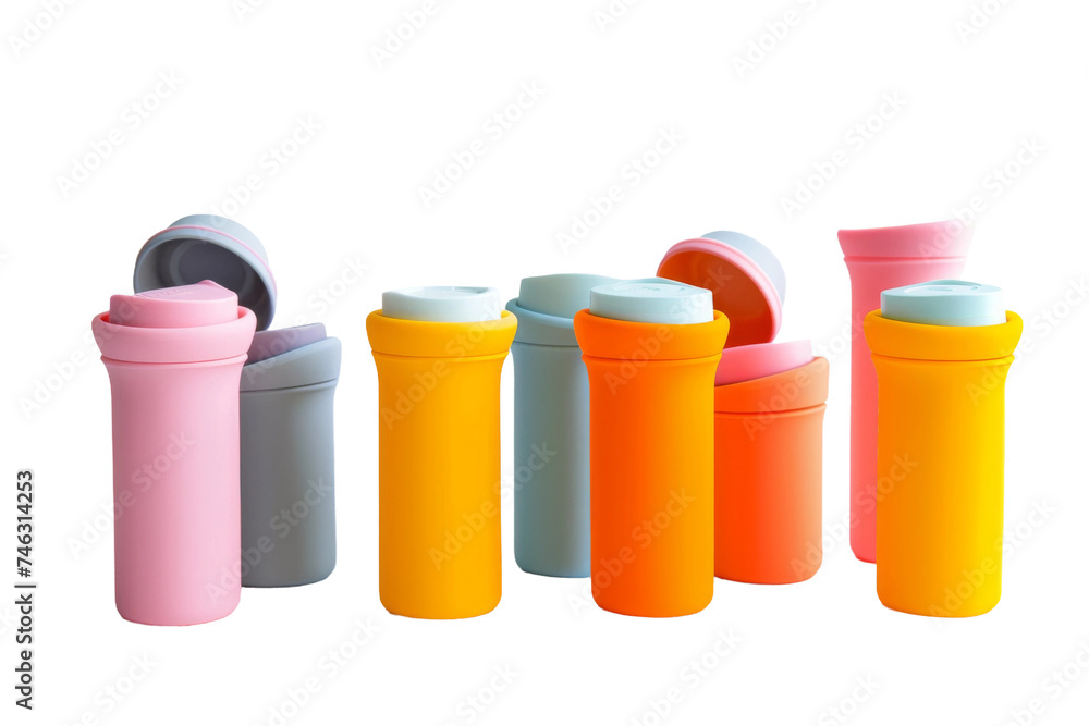 Four Different Colored Cups Aligned. Each cup has a unique hue, contributing to a visually appealing arrangement of vibrant colors. On PNG Transparent Clear Background. Four Different Colored Cups Aligned. Each cup has a unique hue, contributing to a visually appealing arrangement of vibrant colors. On PNG Transparent Clear Background.