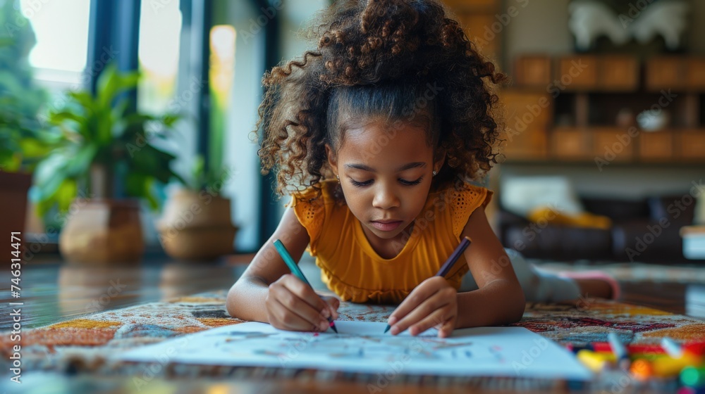 Young girl coloring with pencils on floor. - obrazy, fototapety, plakaty 