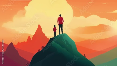 A parent and child standing together at the top of a mountain emphasising that although parenting can be a difficult Psychology art concept. .