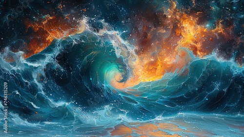 Raging sea element, large tidal wave with quasar flares, abstract futuristic background photo