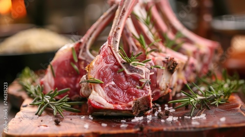 Grilled lamb chops on wooden cutting board. photo
