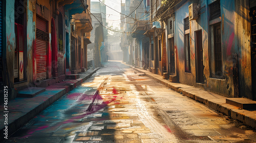 An empty street is bathed in the soft light of morning, its surface adorned with vibrant colors from the Holi festival, exuding a serene post-celebration atmosphere. generative ai